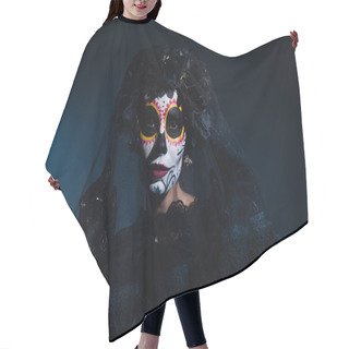 Personality  Woman In Mexican Day Of Dead Costume And Catrina Makeup Looking At Camera Under Black Lace Veil On Dark Blue Background Hair Cutting Cape