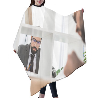 Personality  View Through Partition On Businessman Working In Office Hair Cutting Cape