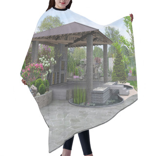 Personality  Beautiful Backyard Makeovers And Patio Water Fountain Features, 3D Render Hair Cutting Cape