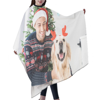 Personality  Man In Christmas Sweater And Santa Hat Stroking Golden Retriever In Deer Horns  Hair Cutting Cape