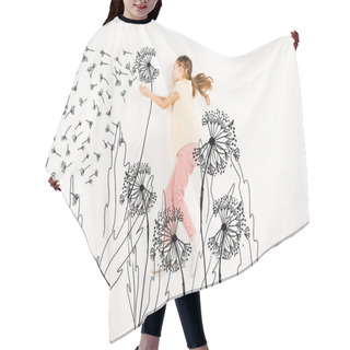 Personality  Top View Of Kid Blowing Dandelion Seeds While Flying On White  Hair Cutting Cape