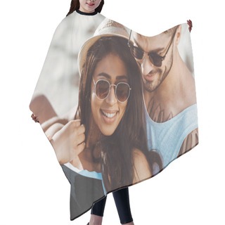 Personality  Happy Young Couple At Beach  Hair Cutting Cape