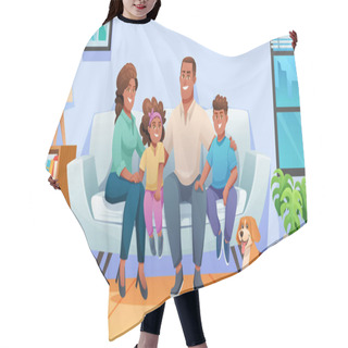 Personality  Happy Family Sitting On The Couch Together At Home With Father, Mother, Children And A Pet. Family Illustration In Cartoon Style Hair Cutting Cape