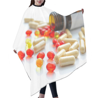 Personality  Pills Pouring Out Of The Brown Bottle On A White Background Hair Cutting Cape