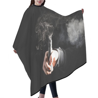 Personality  Cropped View Of Male Hand Activating Electronic Cigarette On Black Background Hair Cutting Cape