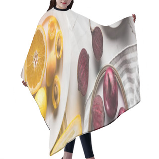 Personality  Panoramic Shot Of Plates With Fruits And Vegetables On Marble Surface With Striped Textile Hair Cutting Cape