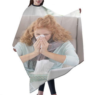 Personality  Woman Having Running Nose While Watching Movie On Laptop Hair Cutting Cape