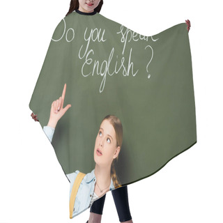 Personality  Girl With Backpack Pointing At Chalkboard With Do You Speak English Lettering Hair Cutting Cape