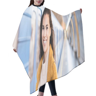 Personality  Happy Young Woman Looking At Camera On Underground Platform With Blurred Train, Banner Hair Cutting Cape