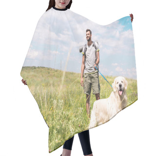 Personality  Traveler With Backpack Walking With Golden Retriever On Summer Meadow With Cloudy Sky Hair Cutting Cape