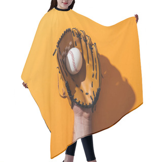Personality  Cropped View Of Man Holding Softball In Brown Baseball Glove On Yellow  Hair Cutting Cape