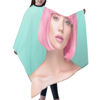 Personality  Attractive Young Woman With Pink Bob Cut And Stylish Makeup Looking At Camera Isolated On Turquoise Hair Cutting Cape