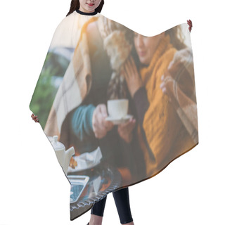 Personality  Man And Woman Drinking Beverage In Cafeteria Hair Cutting Cape