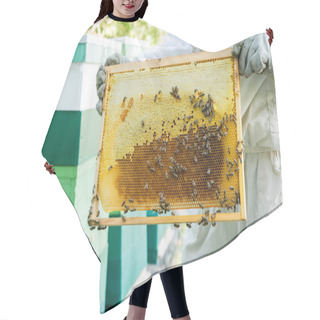 Personality  Cropped View Of Bee Master With Honeycomb Frame Near Blurred Beehives On Apiary Hair Cutting Cape