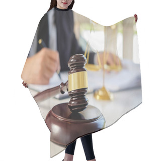 Personality  Judge Gavel With Justice Lawyers Having Team Meeting At Law Firm In Background. Concepts Of Law. Hair Cutting Cape