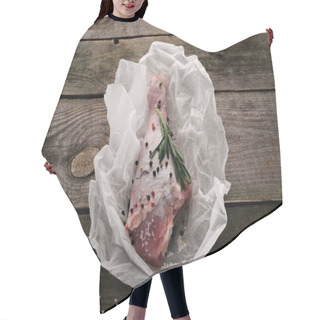 Personality  Uncooked Turkey Leg With Pepper Corns And Rosemary On Baking Paper On Wooden Tabletop Hair Cutting Cape