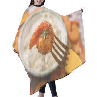 Personality  Selective Focus Of Fried Shrimp On Golden Fork Hair Cutting Cape