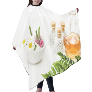 Personality  Flowers In Mortar Near Pestle And Glass Bottles With Pills, Jug With Oil And Green Leaf On White  Hair Cutting Cape