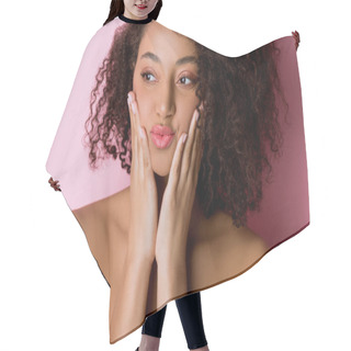 Personality  Portrait Of Cheerful Beautiful Naked African American Girl On Pink Hair Cutting Cape