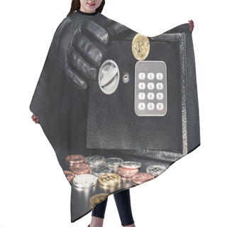 Personality  Close-up View Of Man Opening Safe With Bitcoin Cryptocurrency Hair Cutting Cape