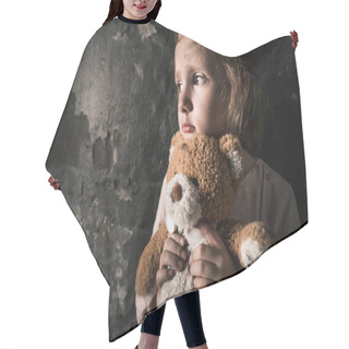 Personality  Upset Kid Holding Teddy Bear In Dirty Room, Post Apocalyptic Concept Hair Cutting Cape
