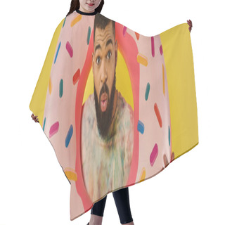 Personality  A Man Playfully Holds A Giant Donut In Front Of His Face, Covering His Eyes And Mouth, Creating A Humorous And Whimsical Effect. Hair Cutting Cape