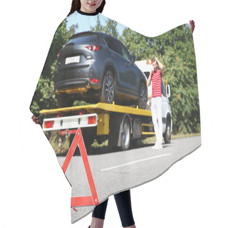Personality  Emergency Stop Sign And Man Near Broken Car On Background Hair Cutting Cape