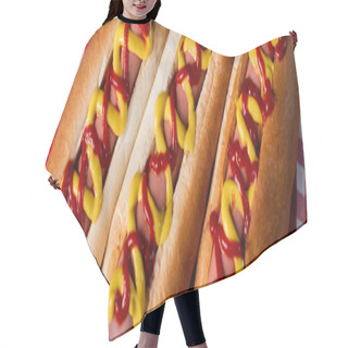 Personality  Close Up View Of Tasty Hot Dogs With Mustard And Ketchup On Plaid Tablecloth, Banner Hair Cutting Cape