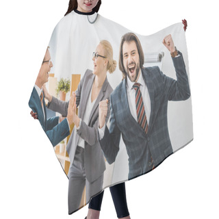 Personality  Happy Insurance Agents Rejoicing Great Deal In Office Hair Cutting Cape