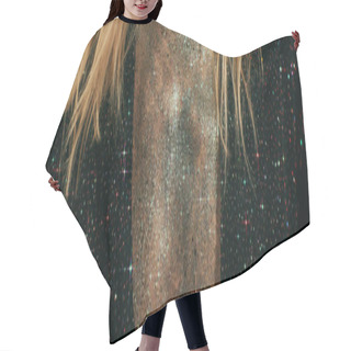 Personality  Cropped Banner Of Woman With Sparkling Glitter On Chest And Jacket With Sequins On Black Background Hair Cutting Cape