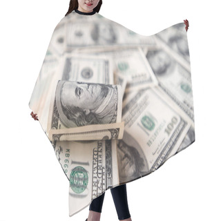 Personality  Close Up Of Stack Of Dollars As Background. Hair Cutting Cape