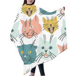 Personality  Seamless Pattern With Cats Faces. Funny And Bright Vector Illustration With Cats Characters. Kids Fashion Fabric Design. Hair Cutting Cape