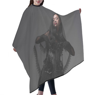 Personality  Young Asian Woman In Gothic Outfit With Black Veil Posing Isolated On Grey Hair Cutting Cape