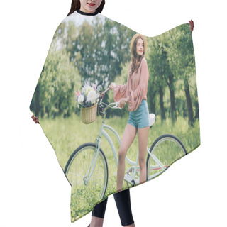 Personality  Young Beautiful Woman Standing Near Retro Bicycle With Wicker Basket Full Of Flowers In Forest Hair Cutting Cape
