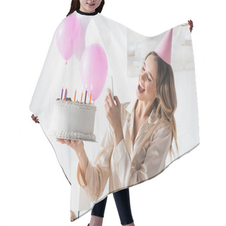 Personality  Cheerful Woman With Birthday Cake Taking Photo On Smartphone During Party At Home  Hair Cutting Cape