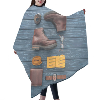 Personality  Flat Lay With Brown Boots, Wallet And Glasses On Wooden Background Hair Cutting Cape