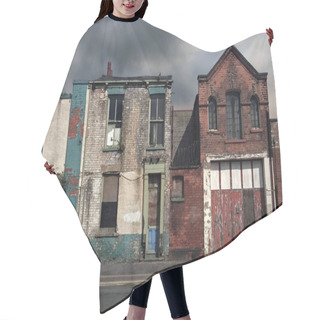 Personality  Derelict Abandoned Houses And Buildings On A Deserted Residential Street With Boarded Up Windows And Decaying Crumbling Walls Against A Grey Cloudy Sky Hair Cutting Cape