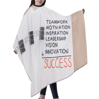 Personality  Top View Of White Paper Sheets Arranges With Binder Clips And Teamwork, Motivation, Inspiration, Leadership, Vision, Innovation, Success Words On Wooden Table, Business Concept Hair Cutting Cape