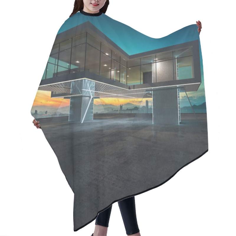 Personality  Perspective view of contemporary building exterior with steel,cement and glass facade loft style design . 3D rendering and real images mixed media . hair cutting cape