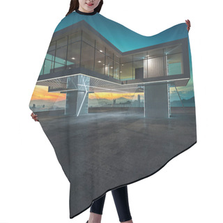 Personality  Perspective View Of Contemporary Building Exterior With Steel,cement And Glass Facade Loft Style Design . 3D Rendering And Real Images Mixed Media . Hair Cutting Cape