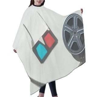 Personality  Top View Of 3d Glasses With Shadow And Film Reel With Twisted Cinema Tape On Grey Background Hair Cutting Cape