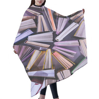 Personality  Elevated View Of Scattered Stack Of Books On Table Hair Cutting Cape