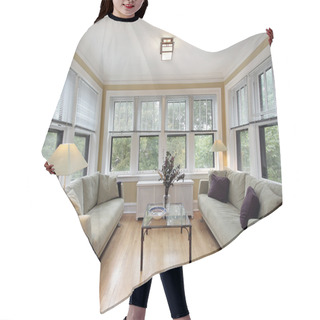 Personality  Family Room With Wall Of Windows Hair Cutting Cape