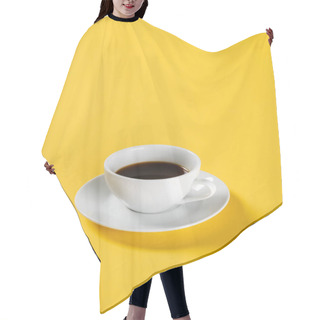 Personality  Black Coffee In White Mug On Yellow Background  Hair Cutting Cape