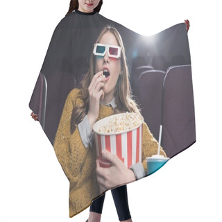 Personality  Excited Woman In 3d Glasses Eating Popcorn And Watching Movie In Cinema Hair Cutting Cape