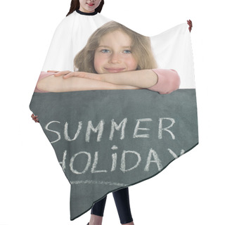 Personality  Schoolgirl Over Blackboard With Summer Holiday Text. Hair Cutting Cape