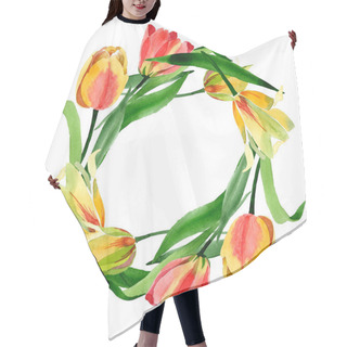 Personality  Beautiful Yellow Tulips With Green Leaves Isolated On White. Watercolor Background Illustration. Watercolour Drawing Fashion Aquarelle. Frame Border Ornament. Hair Cutting Cape