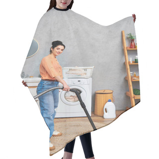 Personality  A Stylish Woman In Casual Attire Effortlessly Cleans The Floor Using A Vacuum Cleaner. Hair Cutting Cape