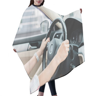 Personality  Partial View Of Woman With Hands On Steering Wheel Driving Car Hair Cutting Cape
