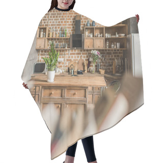 Personality  Interior Of Kitchen With Brick Wall In Loft Style, Focus On Background Hair Cutting Cape